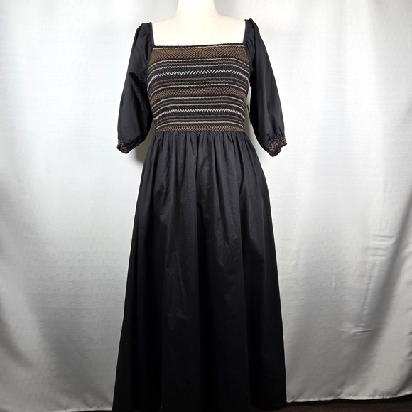 Old Navy Smocked Embroidered Black Maxi Dress Women's L Milkmaid Cottagecore New - Picture 3 of 10